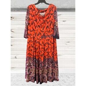 Reborn Maxi Dress Womens 2X Orange Purple Paisley Feathers Long Sleeve